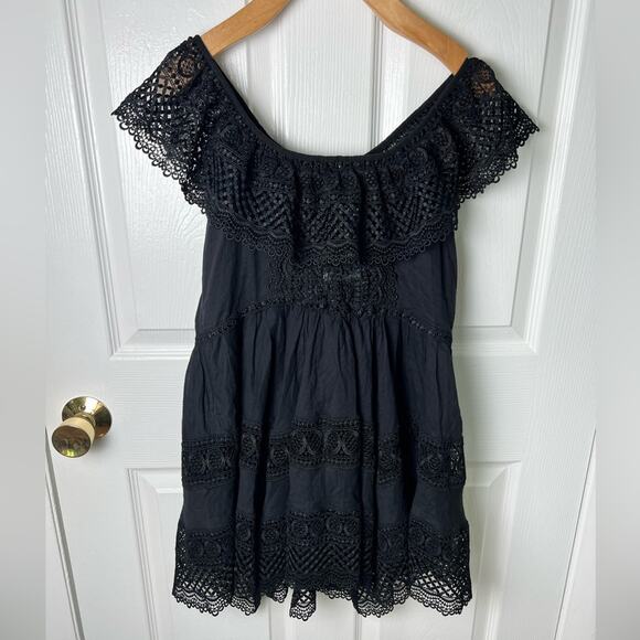 Charo Ruiz Ibiza Black Off Shoulder Lace Layered Asymmetric Vaiana Dress L - Picture 9 of 12